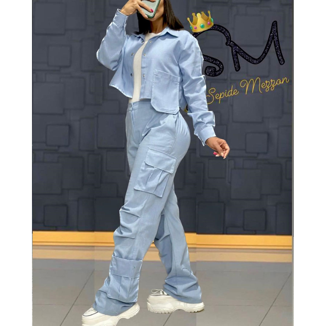 Fashion knitted fabrics with multiple work pockets and casual pants three-piece set, the set includes: work pocket pants, jacket, vest