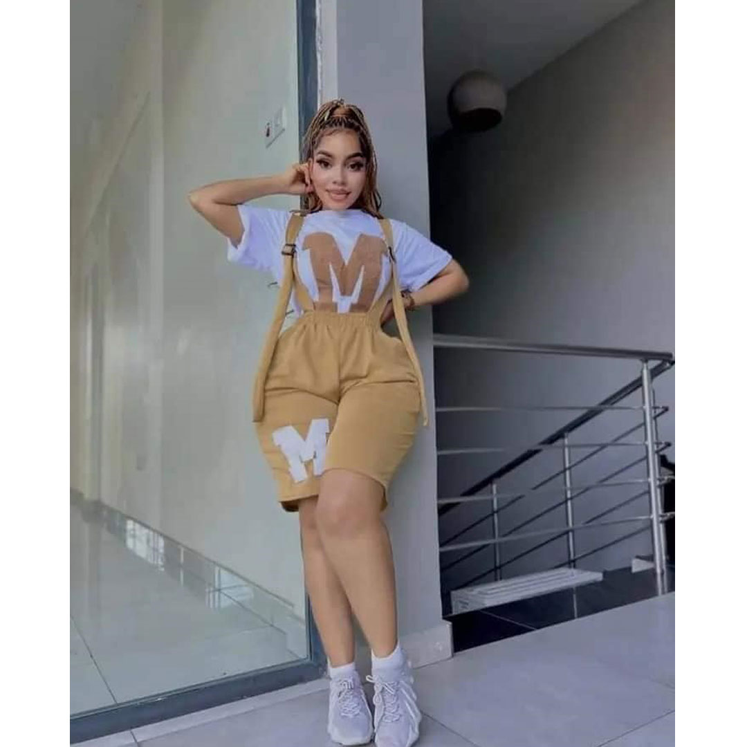 Summer new suit letter print suspenders women’s short-sleeved fashionable two-piece suit, the suit includes: letter print T-shirt, suspenders pants