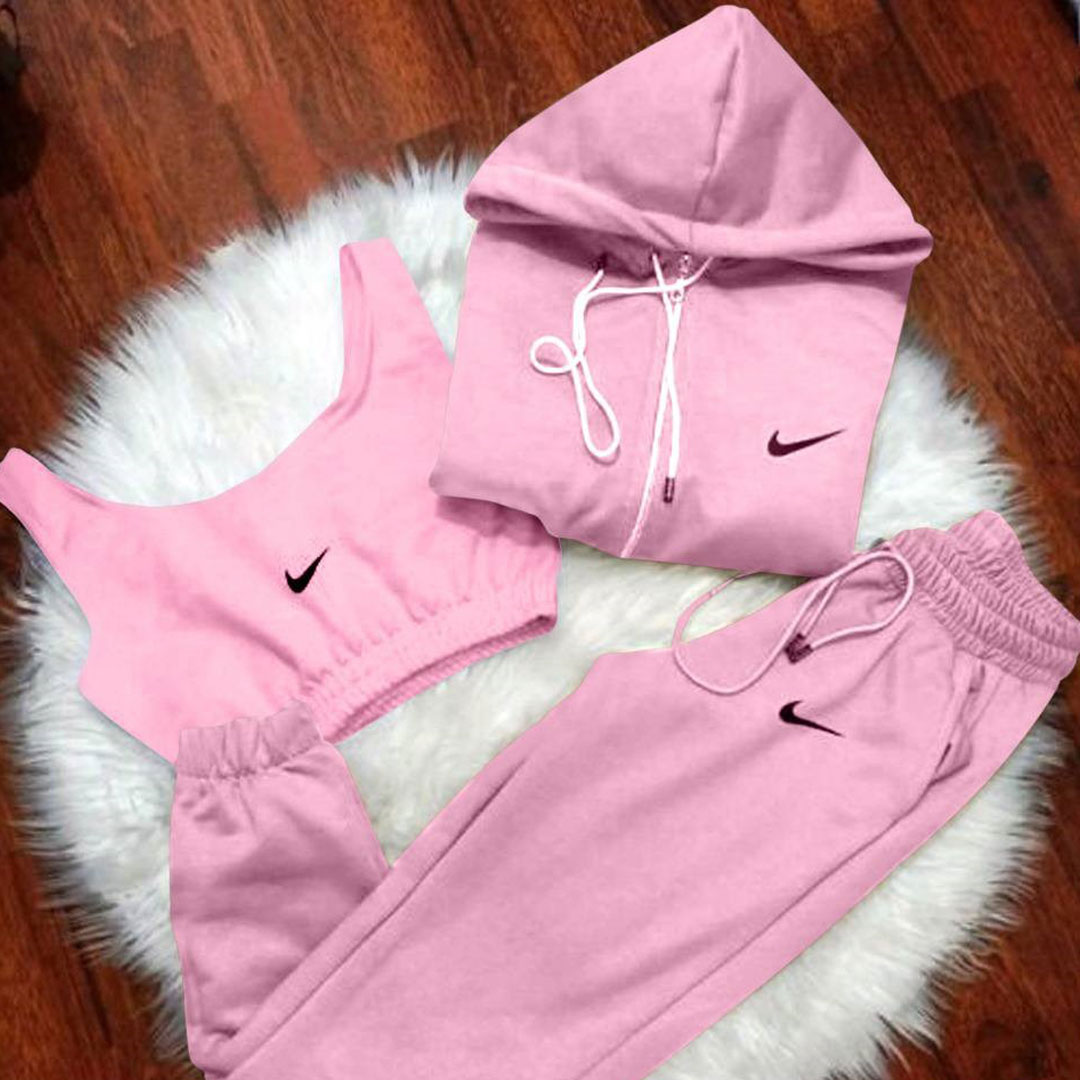 Solid color knitted fabric long-sleeved zipper stretch sportswear casual hooded jacket women’s three-piece set, the set includes: zipper jacket, casual pants, vest