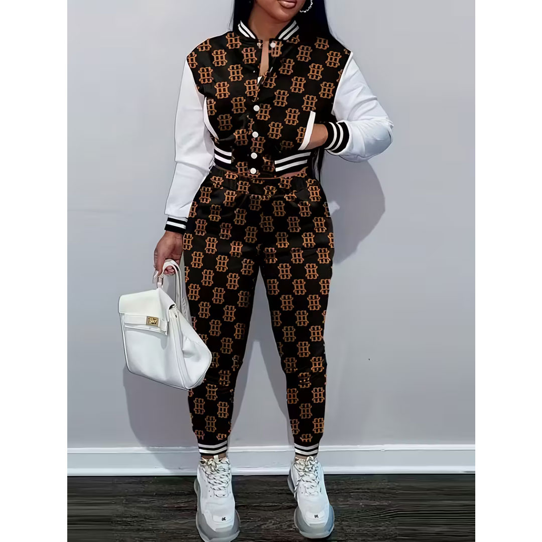 New fashion women’s winter and autumn baseball sportswear printed jacket two-piece set, the set includes: baseball jacket, pants