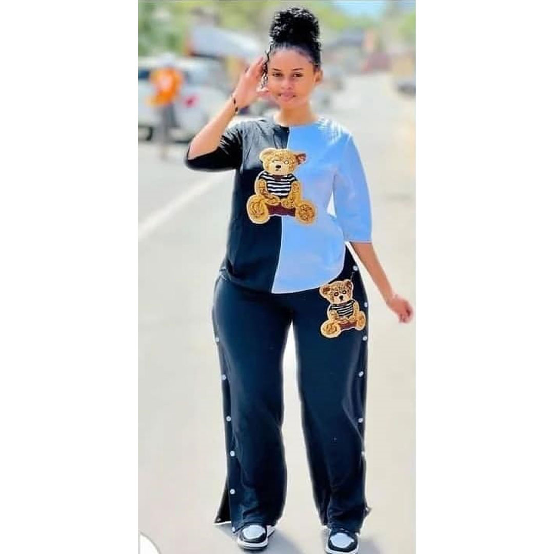 New cartoon bear embroidered women’s comfortable casual sportswear two-piece set, the set includes: T-shirt, fashionable pants