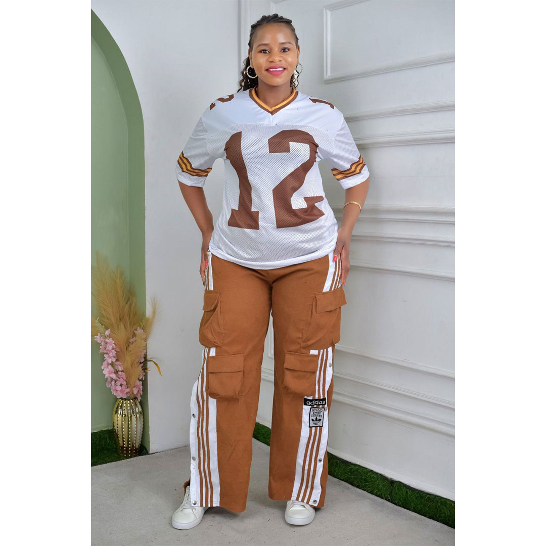 African new women’s corduroy fashion multi-pocket pants digital printing short-sleeved T-shirt casual suit, the suit includes: multi-pocket pants, digital printing T-shirt