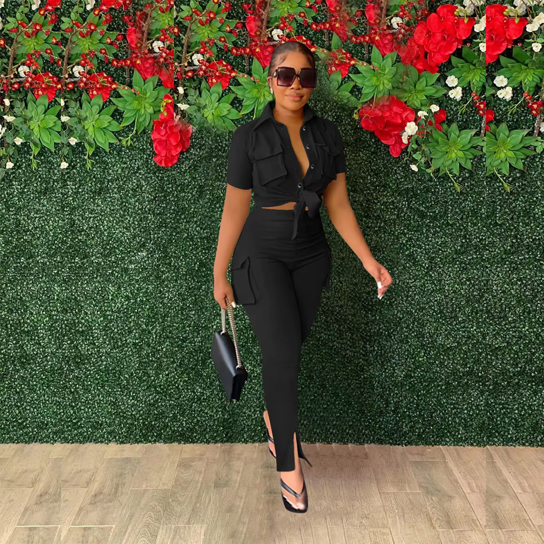Women’s casual sports suit short-sleeved multi-pocket shirt top trousers women’s suit, the suit includes: multi-pocket shirt, fashionable trousers