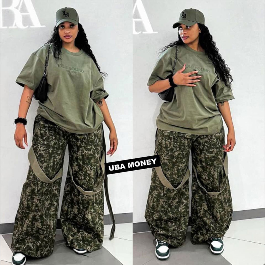 Street Fashion Camouflage Two-Piece Set Wide Leg Pants and Long Number Print Short Sleeve Top Formal Outfits in Fabric Material, set includes: Camouflage pants, T-shirt