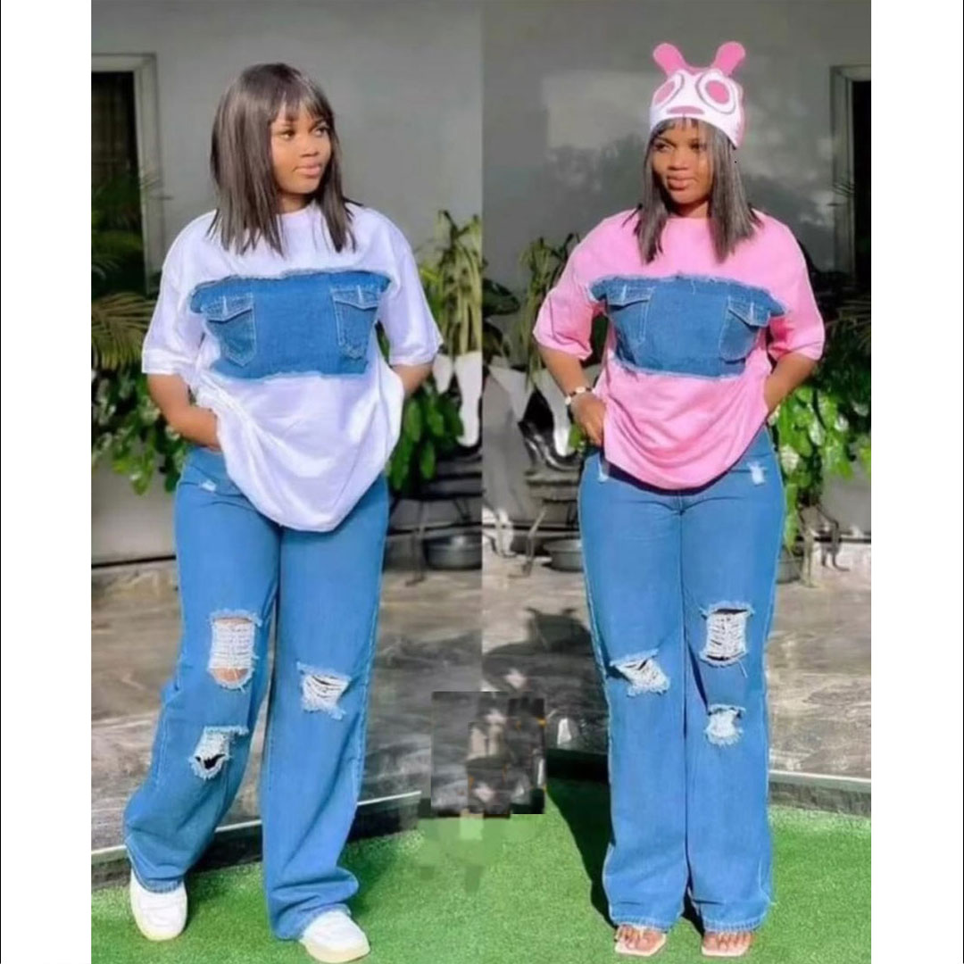 Hot selling women’s plus size straight casual jeans, set includes:Jeans, T-shirt