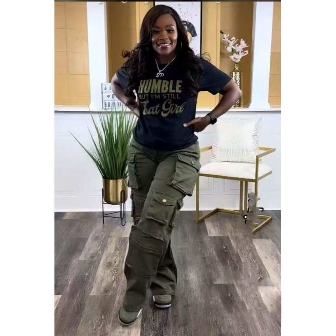Hot-selling overalls for summer, American-style loose straight-leg, new multi-pocket youth pants, women’s casual pants, set includes: multi-pocket overalls, printed T-shirt