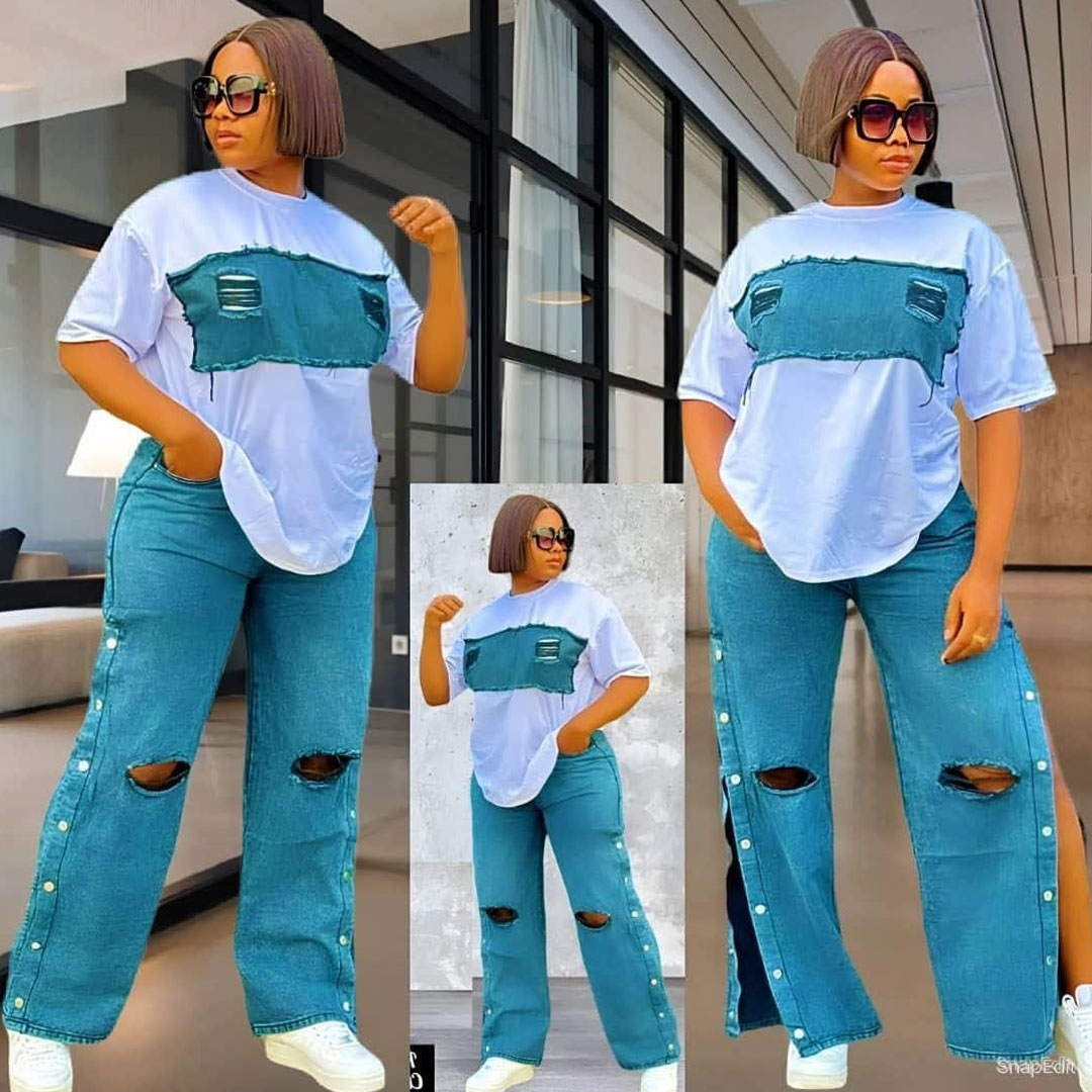Hot-selling overalls for summer, American-style loose straight-leg, new multi-button youth pants, women’s casual pants, set includes: multi-button casual pants, denim block T-shirt